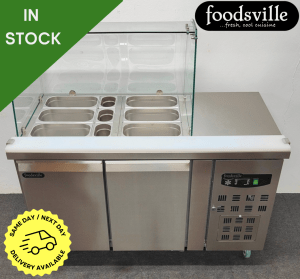 NEW Foodsville 1360mm Heavy Duty 2 Door Refrigerated Glass Saladette Display, On Wheels - Includes G/N Containers!