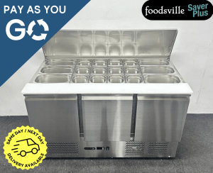 Pay As You Go: New Foodsville Saver Plus 1365mm Stainless Steel 3 Door Refrigerated Saladette – Complete with Gastronorm Containers!