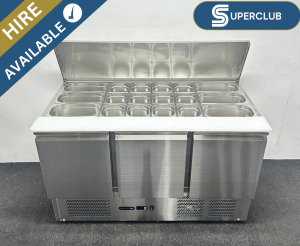 SuperClub Hire: NEW Foodsville Lite 1365mm Stainless Steel 3 Door Refrigerated Saladette – Complete with Gastronorm Containers!