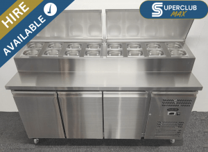 SuperClub MAX Hire: NEW Foodsville 1795mm 3 Door Refrigerated Prep Counter, On Wheels – Includes G/N Containers!