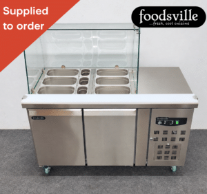 NEW Foodsville 1360mm Heavy Duty 2 Door Refrigerated Glass Saladette Display, On Wheels - Includes G/N Containers!