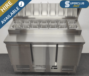 SuperClub MAX Hire: NEW Foodsville 1365mm 3 Door Refrigerated Prep Counter, On Wheels – Includes G/N Containers!