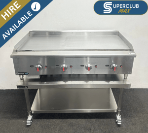 SuperClub MAX Hire: NEW Foodsville Saver Plus 1200mm Griddle On Mobile Stand – Available On Natural Gas or LPG