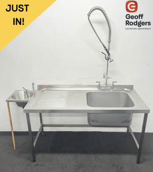 Used 1500mm Stainless Steel Single Bowl Sink With Shower Spray & Wash Hand Basin - Left Hand Drainer. Includes Taps!