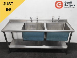Used 1800mm Stainless Steel Double Bowl Sink With Undershelf - Left Hand Drainer. Includes Taps!