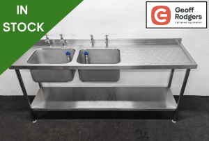 Used 2000mm Stainless Steel Double Bowl Sink With Undershelf - Right Hand Drainer. Includes Taps!