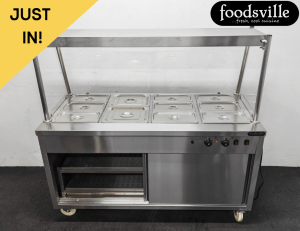 Hardly Used Foodsville 4 x 1/1 GN Wet Well Glass-Fronted Bain Marie & Hot Cupboard With Heated Overgantry, On Wheels – Includes G/N Containers!