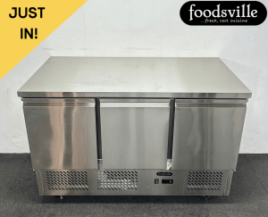 Hardly Used Foodsville 3 Door Flat Top Counter Fridge, On Wheels