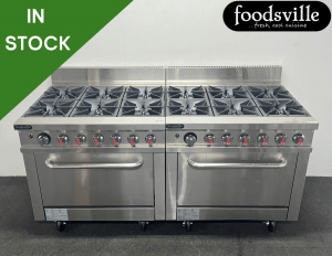 NEW Foodsville 1830mm Stainless Steel 12 Ring Twin Cooker & Twin Oven, On Wheels – Available On Natural Gas or LPG