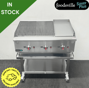 NEW Foodsville Saver Plus 900mm Countertop 2/3 Chargrill 1/3 Griddle, On Mobile Stand – Available on Natural Gas or LPG
