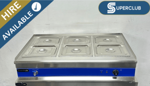 SuperClub Hire: NEW Foodsville Lite 1100mm 6 x 1/2 GN Countertop Bain Marie, With Drain Tap – 13 Amp Plug In & Go!