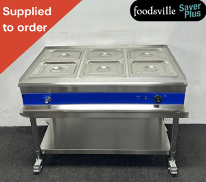 NEW Foodsville Saver Plus 1100mm 6 x 1/2 GN Countertop Bain Marie With Drain Tap, On Mobile Stand - 13 Amp Plug In & Go!