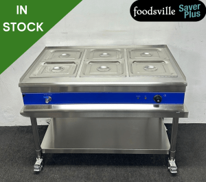NEW Foodsville Saver Plus 1100mm 6 x 1/2 GN Countertop Bain Marie With Drain Tap, On Mobile Stand - 13 Amp Plug In & Go!