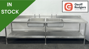 Used 2800mm Stainless Steel Double Bowl Sink, With Undershelf - Double Drainer. Includes Taps!