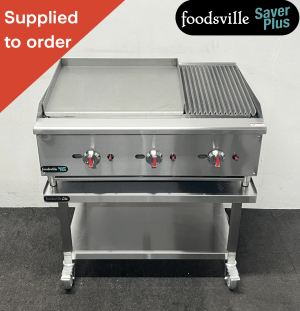 NEW Foodsville Saver Plus 900mm Countertop 2/3 Griddle 1/3 Chargrill, On Mobile Stand – Available on Natural Gas or LPG