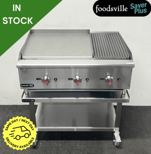 NEW Foodsville Saver Plus 900mm Countertop 2/3 Griddle 1/3 Chargrill, On Mobile Stand – Available on Natural Gas or LPG