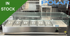 Used Polar 1400mm 6 x 1/4 G/N Glass Fronted Refrigerated Toppings Unit - Includes G/N Containers!
