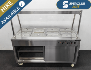 SuperClub MAX Hire: Hardly Used Foodsville 4 x 1/1 GN Wet Well Glass-Fronted Bain Marie & Hot Cupboard With Heated Overgantry, On Wheels – Includes G/N Containers!