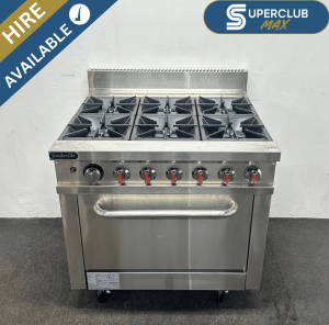 SuperClub MAX Hire: NEW Foodsville 915mm Stainless Steel 6 Ring Cooker & Oven, On Wheels – Available On Natural Gas or LPG