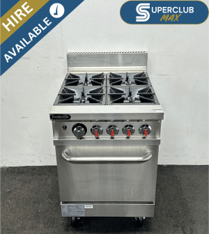 SuperClub MAX Hire: NEW Foodsville 600mm Stainless Steel 4 Ring Cooker & Oven, On Wheels – Available On Natural Gas or LPG