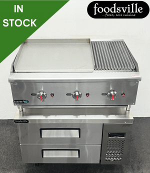 FOODSVILLE COMBINATION: NEW Gas 2/3 Griddle 1/3 Chargrill On Double Drawer CHILLED Chef Base