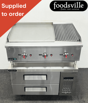 FOODSVILLE COMBINATION: NEW Gas 2/3 Griddle 1/3 Chargrill On Double Drawer CHILLED Chef Base
