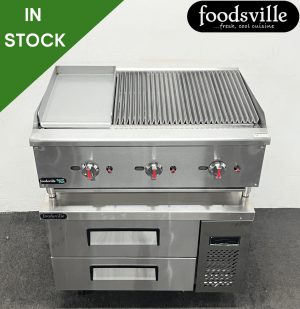 FOODSVILLE COMBINATION: NEW Gas 2/3 Chargrill 1/3 Griddle On Double Drawer CHILLED Chef Base