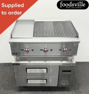 FOODSVILLE COMBINATION: NEW Gas 2/3 Chargrill 1/3 Griddle On Double Drawer CHILLED Chef Base