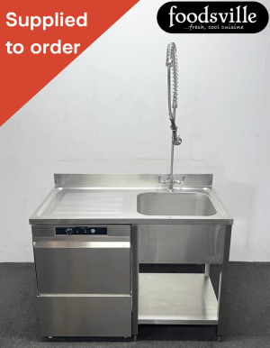 NEW Foodsville 500mm Basket Stainless Steel Undercounter Dishwasher With Drain Pump & Dishwasher Sink With Shower Spray - Single Phase Electric