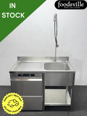 NEW Foodsville 500mm Basket Stainless Steel Undercounter Dishwasher With Drain Pump & Dishwasher Sink With Shower Spray - Single Phase Electric