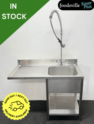 NEW Foodsville Saver Plus 1200mm Stainless Steel Single Bowl Dishwasher Sink With Undershelf & Shower Spray Tap - Left Hand Drainer