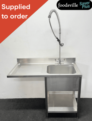 NEW Foodsville Saver Plus 1200mm Stainless Steel Single Bowl Dishwasher Sink With Undershelf & Shower Spray Tap - Left Hand Drainer
