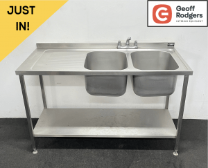 Used 1500mm Stainless Steel Double Bowl Sink With Undershelf - Left Hand Drainer. Includes Taps!