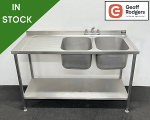 Used 1500mm Stainless Steel Double Bowl Sink With Undershelf - Left Hand Drainer. Includes Taps!