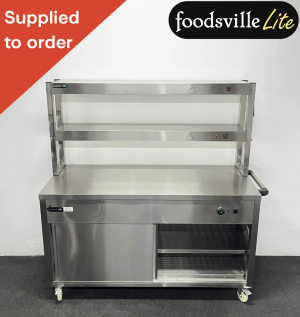 NEW Foodsville Lite 1500mm Stainless Steel Double Shelved Hot Cupboard With Double Heated Overgantry, On Wheels