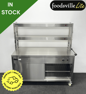 NEW Foodsville Lite 1500mm Stainless Steel Double Shelved Hot Cupboard With Double Heated Overgantry, On Wheels