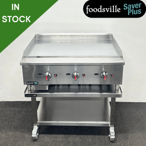 NEW Foodsville Saver Plus 915mm Heavy Duty Chrome Top Countertop Griddle, On Mobile Stand - Available On Natural Gas Or LPG