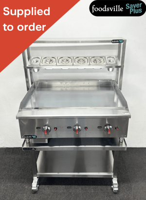 NEW Foodsville Saver Plus 915mm Heavy Duty Chrome Top Countertop Griddle, On Mobile Stand With Garnish Rail - Available On Natural Gas Or LPG