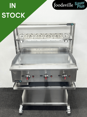 NEW Foodsville Saver Plus 915mm Heavy Duty Chrome Top Countertop Griddle, On Mobile Stand With Garnish Rail - Available On Natural Gas Or LPG