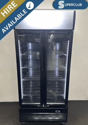SuperClub Hire: NEW Foodsville Lite 900mm Upright Double Glass Fronted Display Fridge, On Wheels