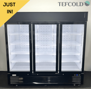 Hardly Used Tefcold 2060mm Upright Triple Glass Fronted Display Fridge, On Wheels