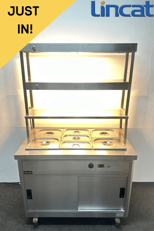 Used Lincat 3 x 1/1 GN Wet Heat Bain Marie & Hot Cupboard With Double Heated Overgantry, On Wheels - Includes G/N Containers!