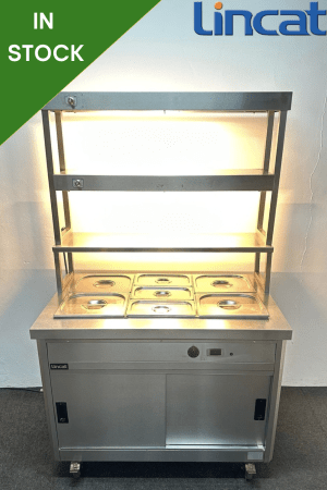 Used Lincat 3 x 1/1 GN Wet Well Bain Marie & Hot Cupboard With Double Heated Overgantry, On Wheels - Includes G/N Containers!