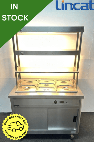 Used Lincat 3 x 1/1 GN Wet Well Bain Marie & Hot Cupboard With Double Heated Overgantry, On Wheels - Includes G/N Containers!