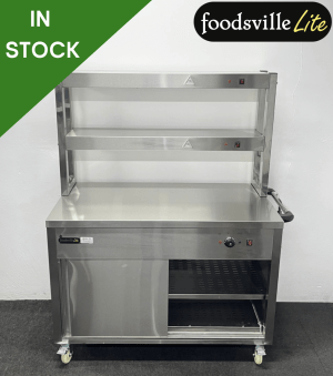 NEW Foodsville Lite 1200mm Stainless Steel Double Shelved Hot Cupboard With Double Heated Overgantry, On Wheels