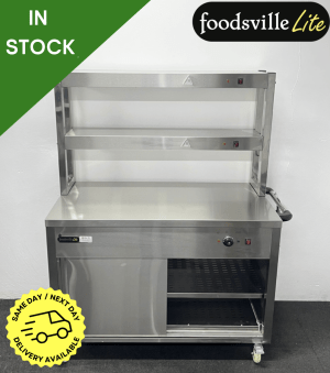NEW Foodsville Lite 900mm Stainless Steel Double Shelved Hot Cupboard With Double Heated Overgantry, On Wheels
