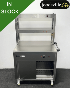 NEW Foodsville Lite 900mm Stainless Steel Double Shelved Hot Cupboard With Double Heated Overgantry, On Wheels
