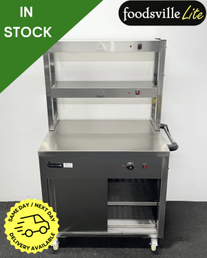 NEW Foodsville Lite 900mm Stainless Steel Double Shelved Hot Cupboard With Double Heated Overgantry, On Wheels