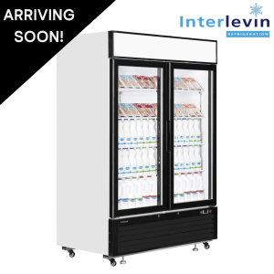 Hardly Used Interlevin 1390mm Upright Double Glass Fronted Display Fridge, On Wheels