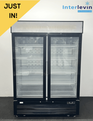 Used Interlevin 1390mm Upright Double Glass Fronted Display Fridge, On Wheels